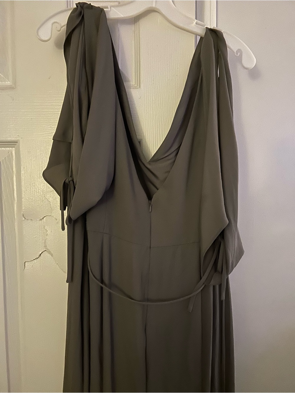 David's Bridal Olive Green V-Back Tie-Shoulder Gown